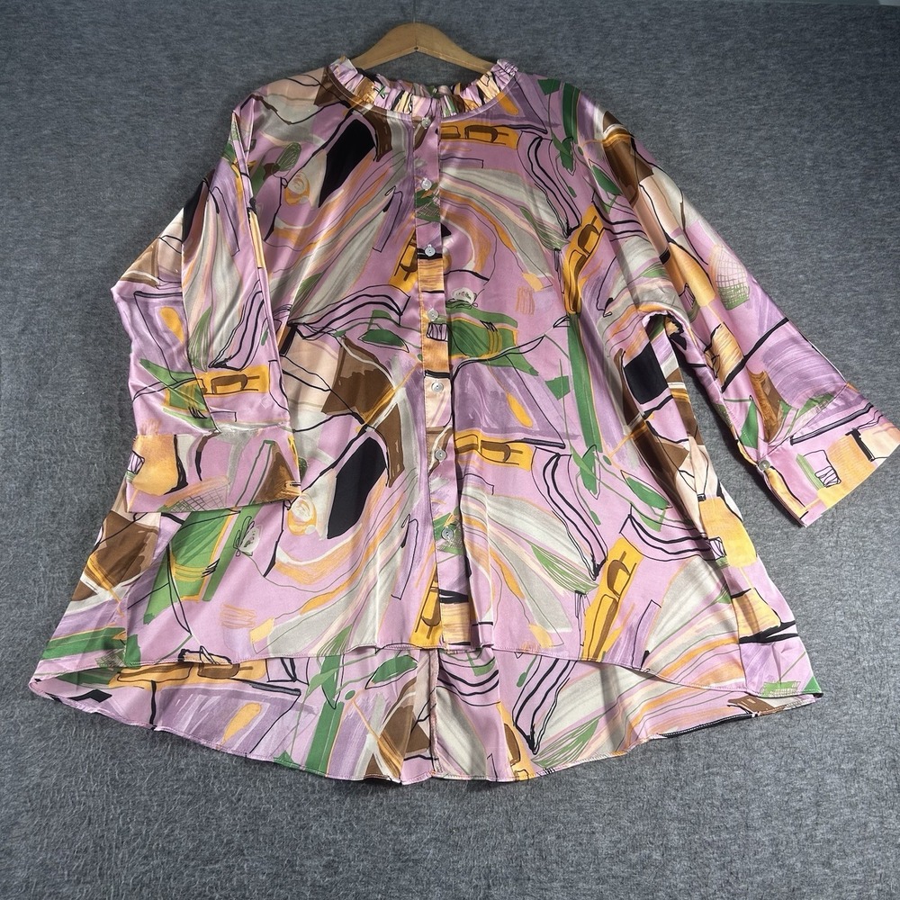 Jodifl Womans Retro Boutique Blouse Tunic Top Pink Abstract‎ L Ruffle Neck Flowy